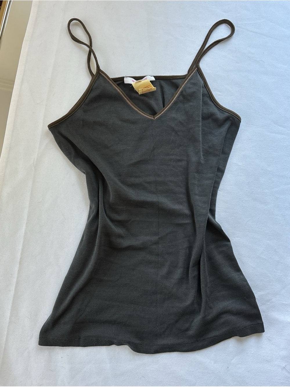 Slim Fit Spaghetti Strap Tank Top in Charcoal with Brown Trim